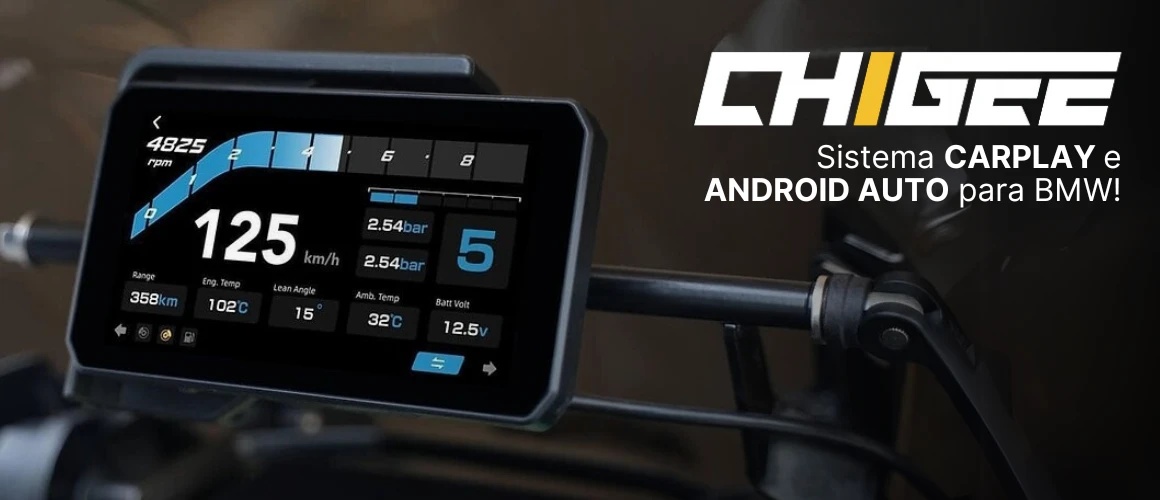 Sistema CHIGEE com CarPlay e Android Auto para motos BMW.